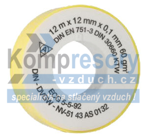Těsnící teflonová páska 12 m × 12 mm × 0,1 mm, 60 g/m²